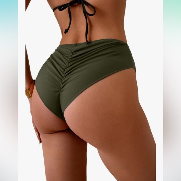 NWT Olive Green High-Waisted ruched cheeky Bikini Bottom - Picture 1 of 10